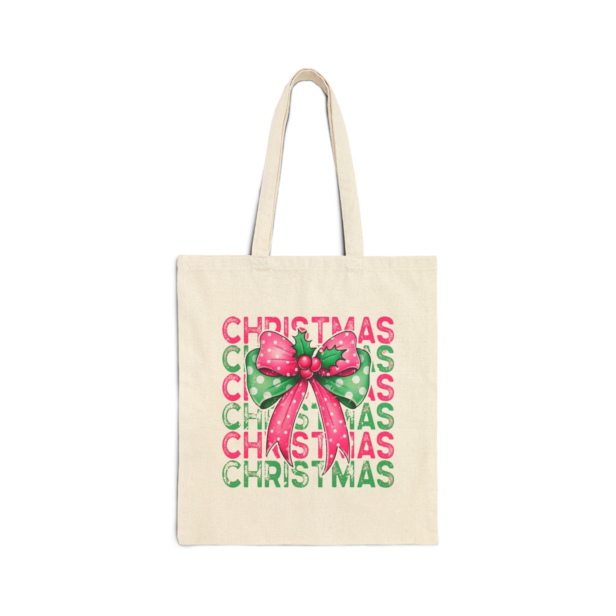 Pink Holly Christmas Bow Canvas Tote